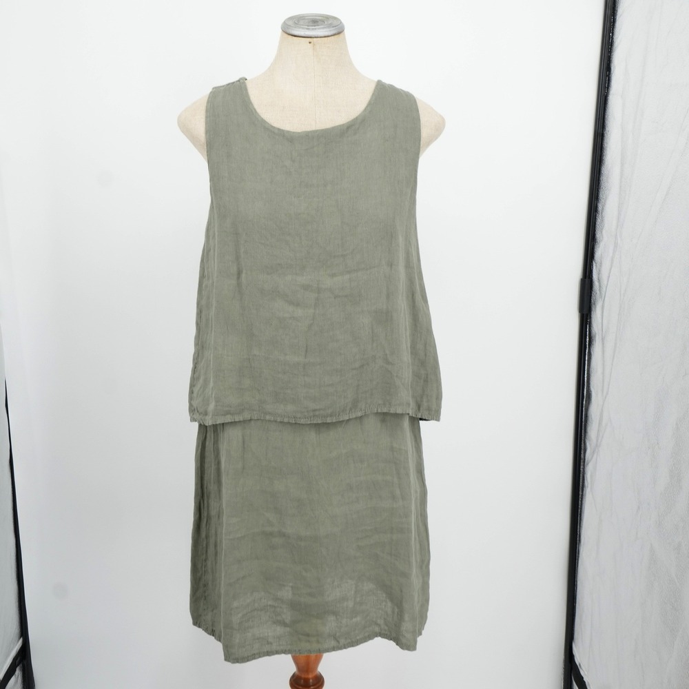 Lungo L'Arno Linen Dress Womens Medium Green Layered Shift Made in Italy Sage